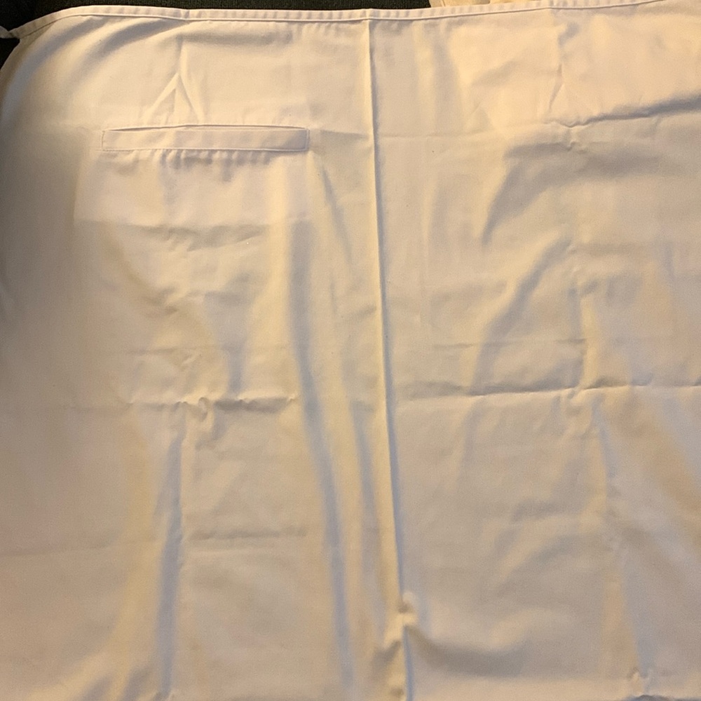 White bistro apron, back tie, 30.5L x 26.5”W with one 7” front pocket